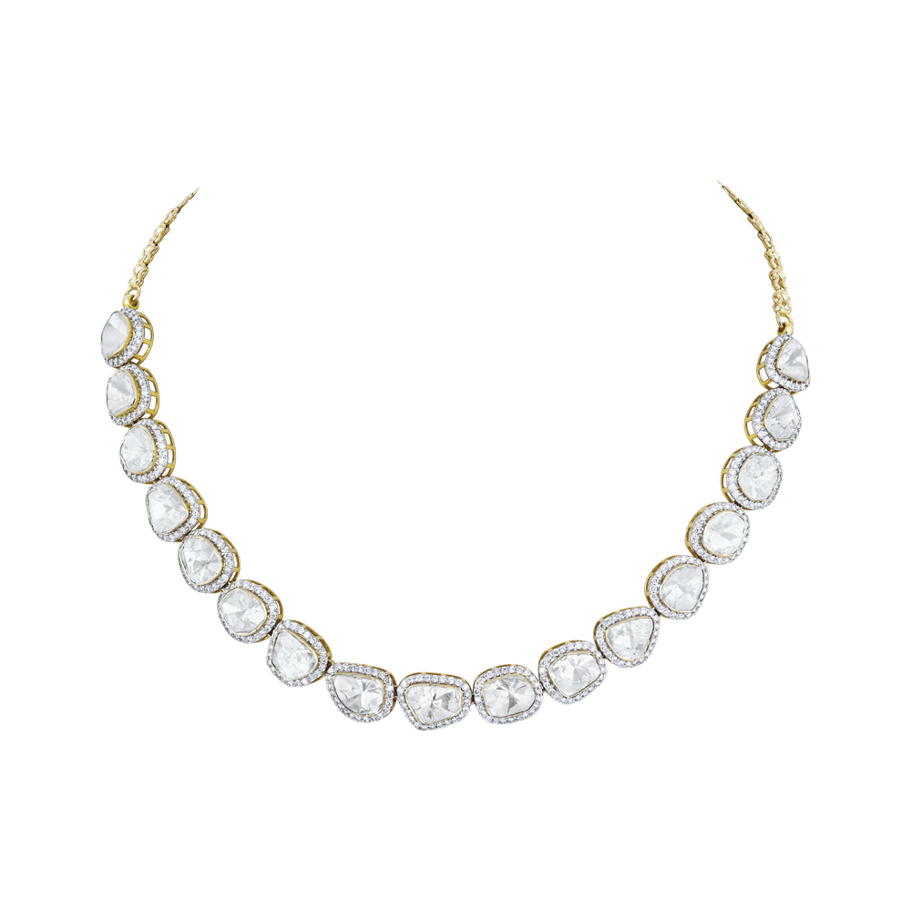 Polki Necklace with Full-Cut Diamond Halo Detailing